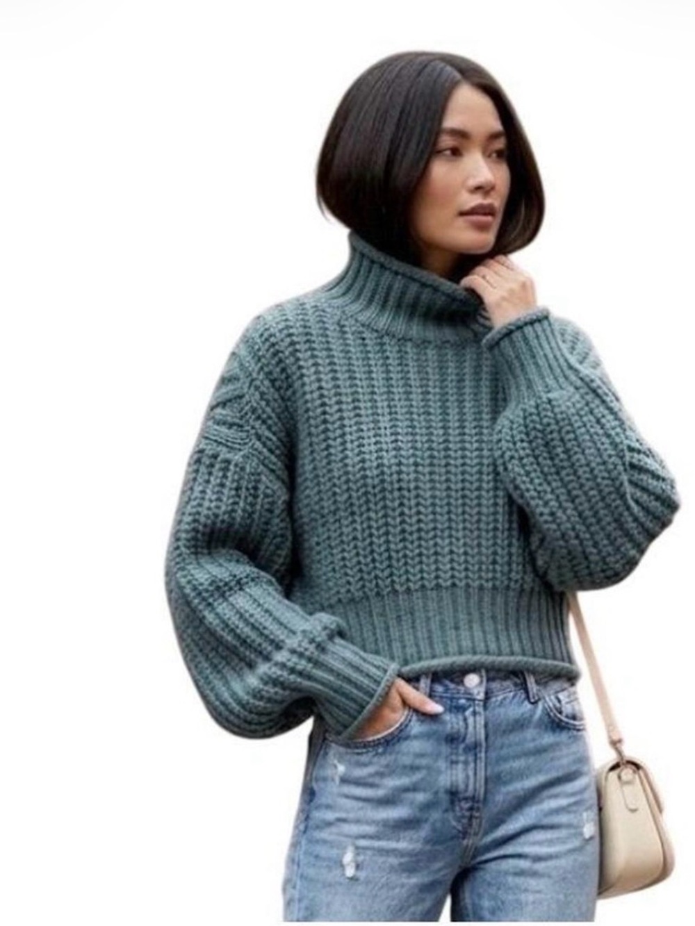 H&M Sage Green/Teal Chunky Knit Turtleneck Mockneck Rollneck Sweater